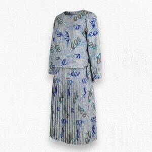 70s Vintage Cream Blue Metallic Abstract USA Made Blouse Midi Skirt Set Size 14